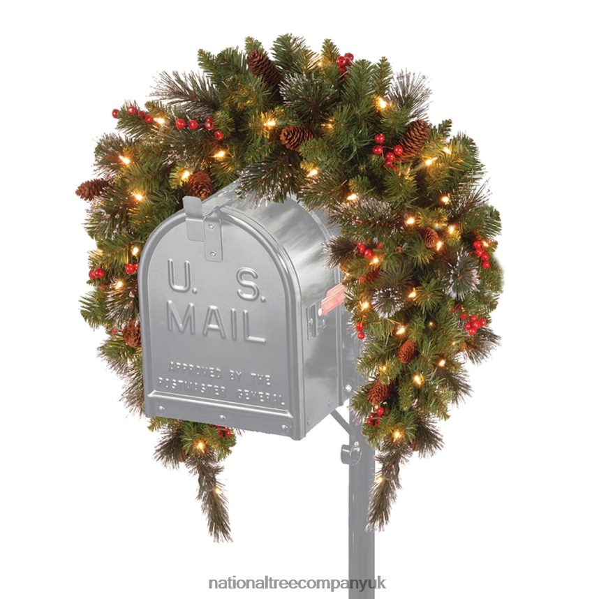 Greenery | National Tree Company Pre-Lit Artificial Mailbox Swag Decoration Green Crestwood Spruce LED Lights Decorated with Berry Clusters Pine Cones Christmas Collection 3 Feet F2L4F439